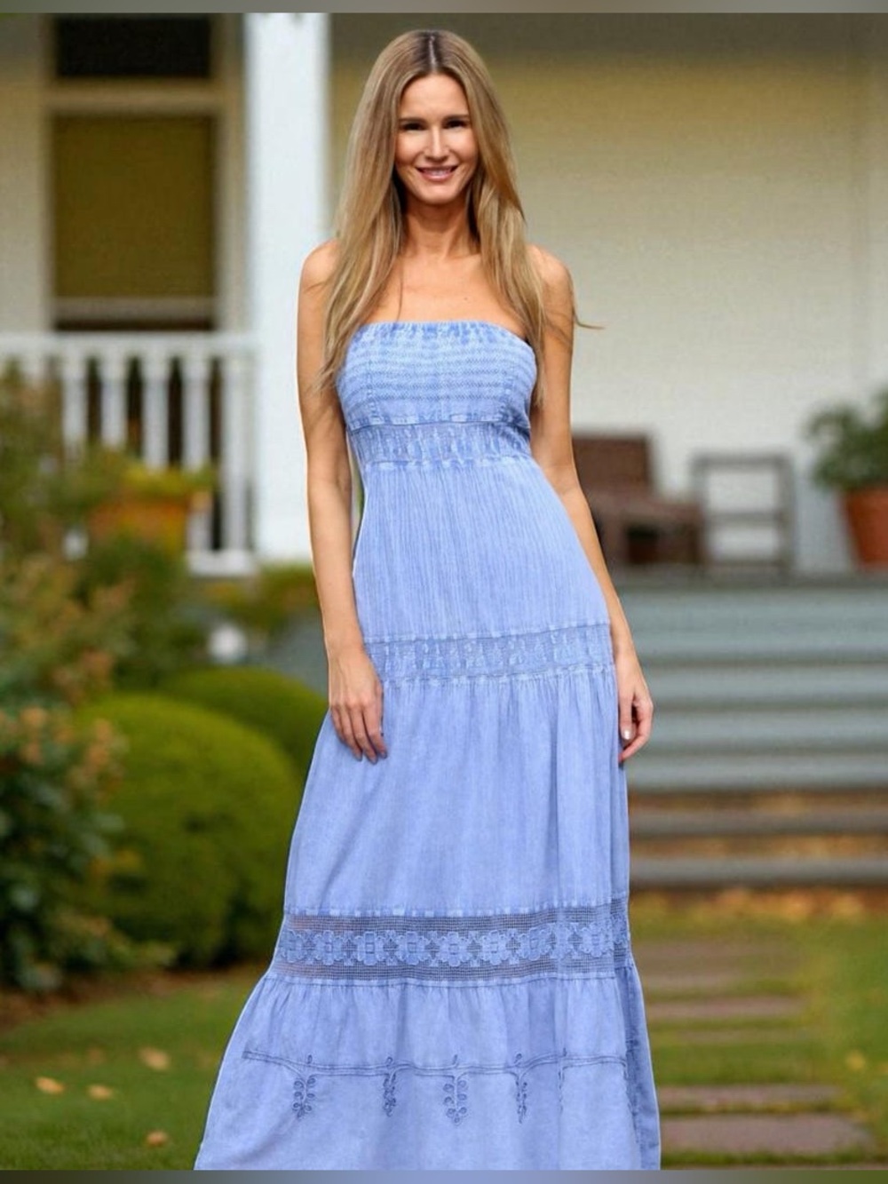 Sky-Blue Strapless Smocked Maxi Dress chambray style crocheted appliqué details